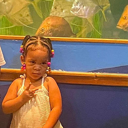 Alora joined the competition — help win amazing prizes! animal, aquarium, aquatic, child, clothing, face, female, fish, footwear, girl, head, outdoors, person, photography, portrait, sandal, sealife, shoe, shorts, water