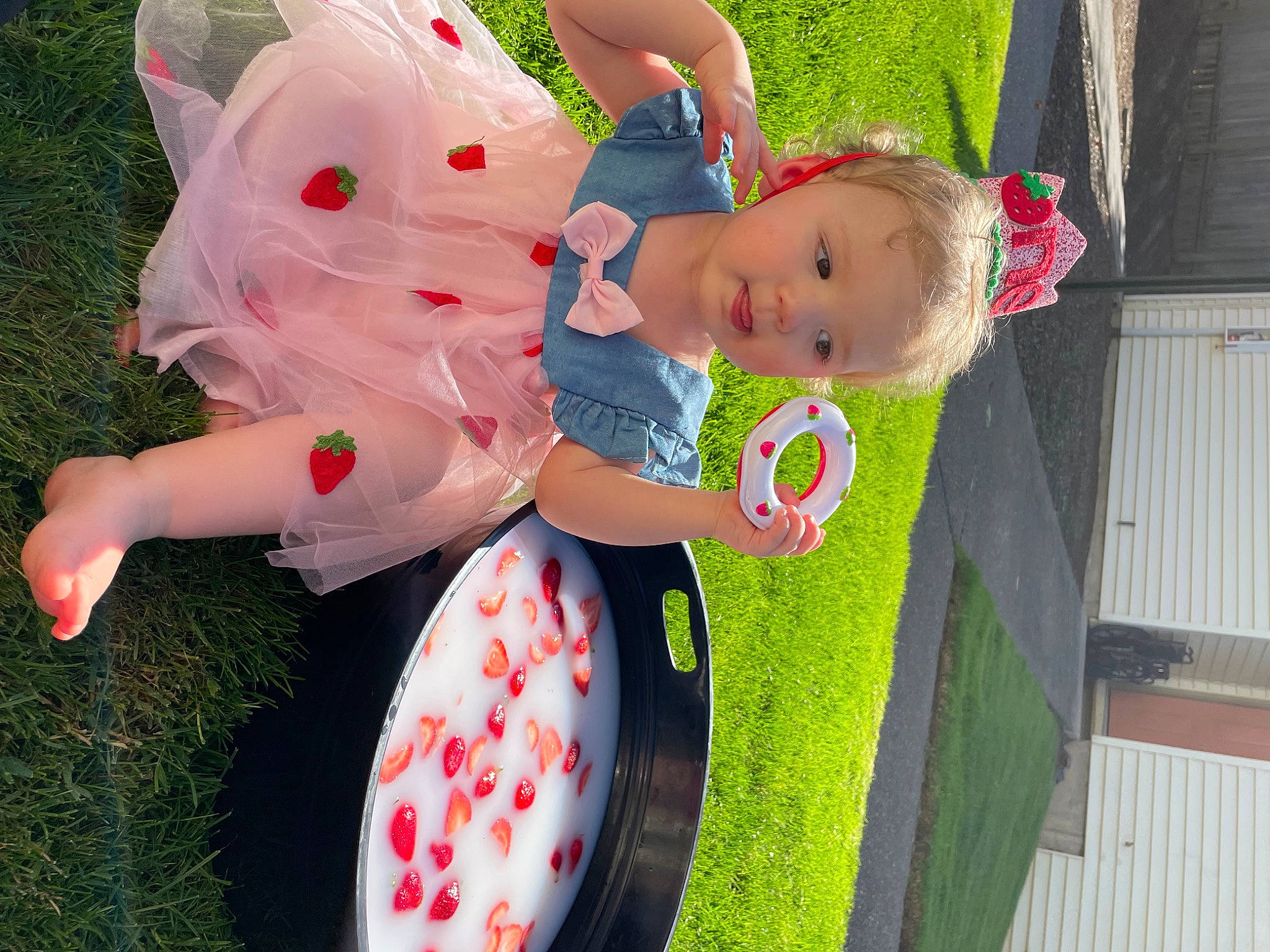 Roselynn is registered to the contest to win money with this photo: baby, baby_products, baby_toddler_clothing, child, dress, event, foot, fun, gesture, grass, happy, hat, lap, leisure, person, pink, plant, recreation, red, toddler