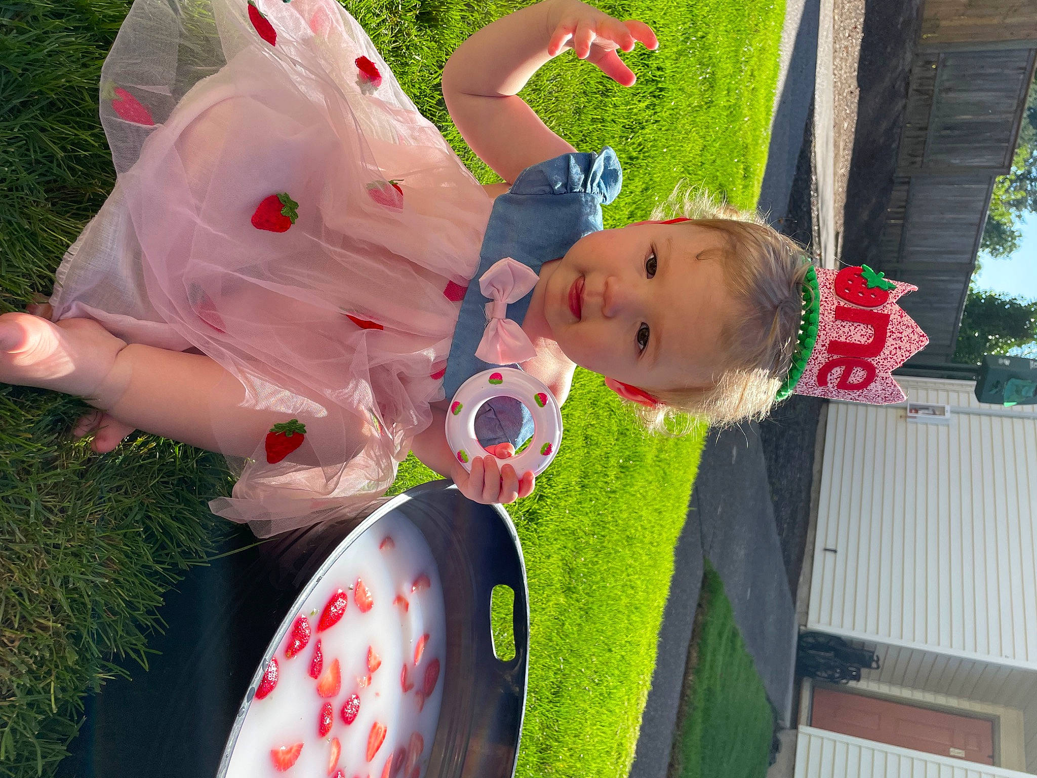 Roselynn is registered to the contest to win money with this photo: baby, baby_products, baby_toddler_clothing, carmine, child, event, fun, gesture, grass, happy, leisure, people_in_nature, person, pink, plant, recreation, red, toddler, toy, tree