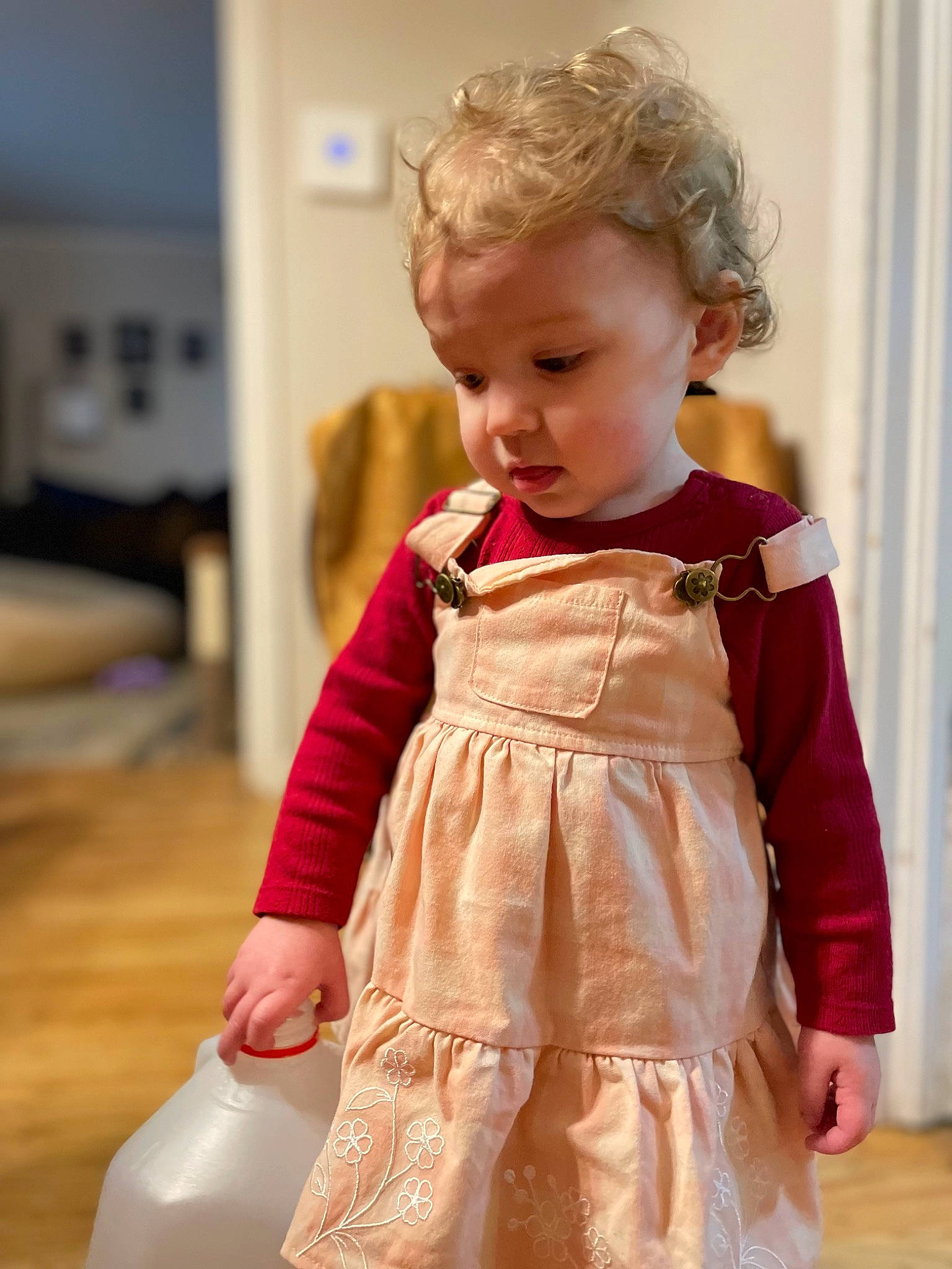 Roselynn is registered to the contest to win money with this photo: baby_toddler_clothing, blond, brown_hair, child, day_dress, dress, event, face, fashion_design, flooring, formal_wear, hair, head, one_piece_garment, pattern, peach, person, skin, sleeve, toddler