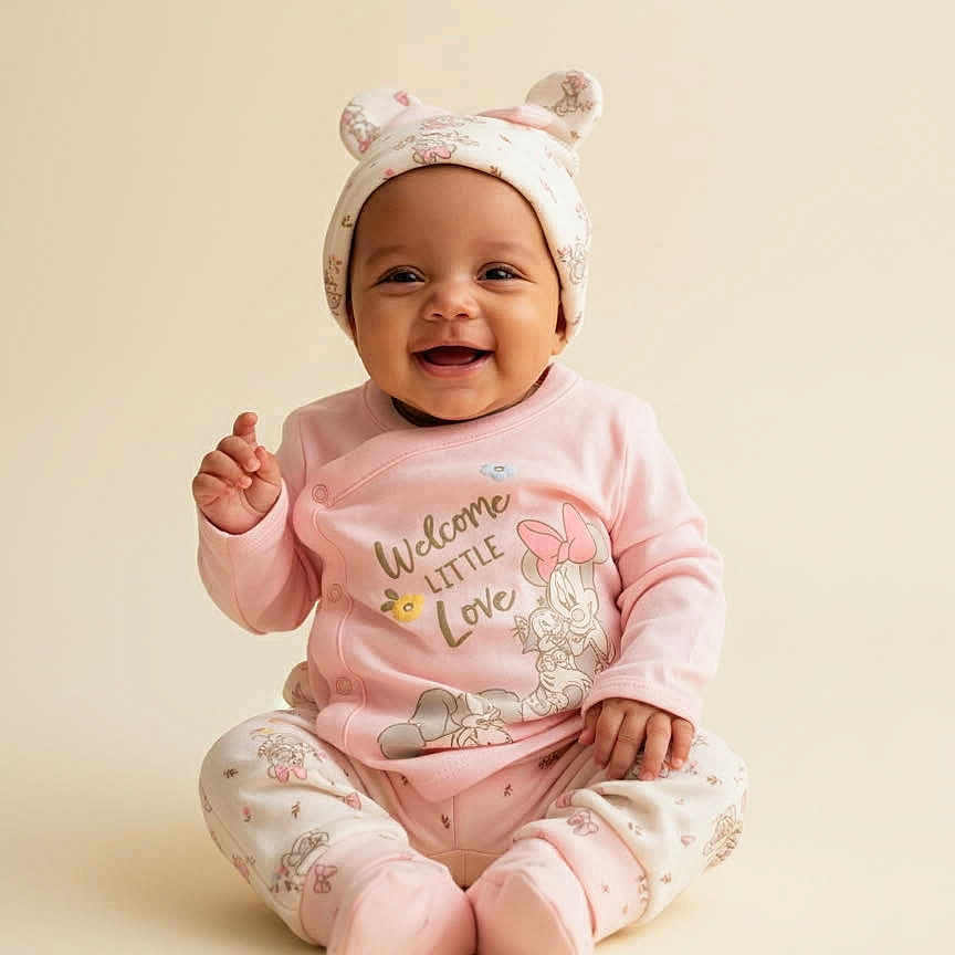 Ser' Meria is registered to the contest to win money with this photo: adorable, baby, baby_clothes, child, childhood, cute, face, happy, hat, headwear, indoors, infant, one_person, pajamas, pink_clothing, portrait, sitting, smiling, soft_background, studio_photo