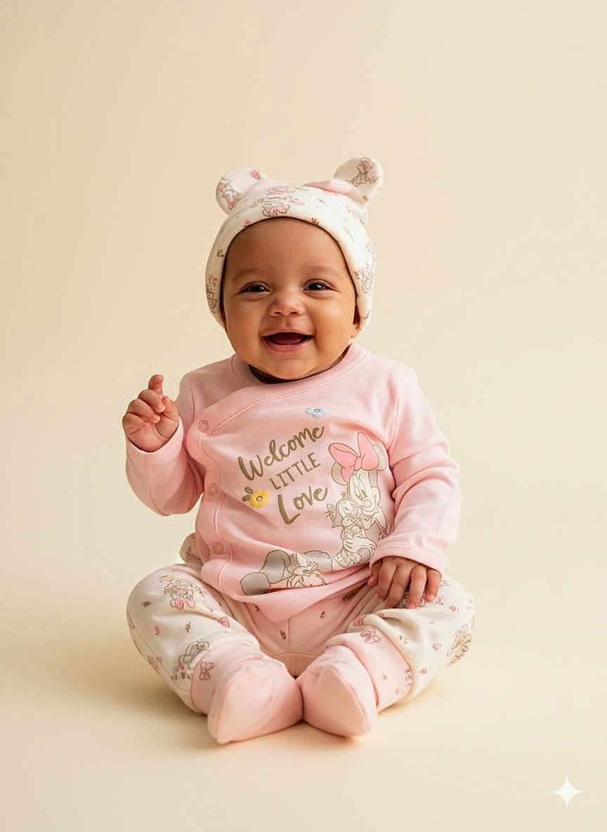 Ser' Meria is registered to the contest to win money with this photo: baby, smiling, child, infant, pink_clothing, hat, cute, sitting, happy, portrait, indoors, soft_background, pajamas, baby_clothes, face, headwear, childhood, adorable, one_person, studio_photo