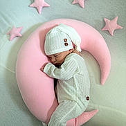 Willow joined the competition — help win amazing prizes! baby, baby_outfit, child, cozy, crescent_moon, cute, indoors, infant, knit_hat, newborn, nursery, peaceful, pink_pillow, plush_stars, portrait, resting, sleep, sleeping, soft_texture, white_clothing
