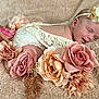 baby, flower_headband, sleeping, blanket, roses, flowers, pastel_colors, soft_texture, peaceful, infant, portrait, cute, delicate, floral_arrangement, resting, newborn, closeup, skin, head, lying_down