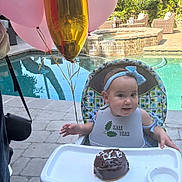 Rebecca joined the competition — help win amazing prizes! baby, high_chair, cake, balloons, pool, outdoor, celebration, headband, bib, smiling, child, chocolate_cake, party, sunlight, footwear, pavement, greenery, wicker_chair, water, fun