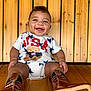 Amereond is registered to the contest to win money with this photo: baby, child, smiling, cowboy_boots, usa, tshirt, wooden_bench, happy, cute, chubby_cheeks, sitting, portrait, footwear, blue_eyes, short_hair, infant, clothing, wood, casual, indoors