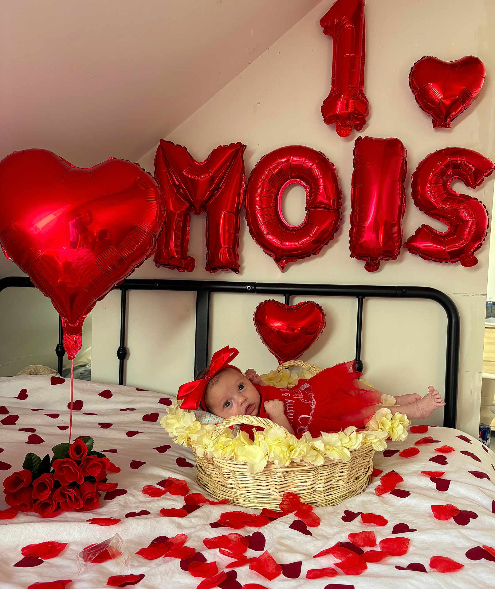 Inaya a rejoint le concours — aidez-le/la à gagner de superbes lots ! baby, infant, basket, bed, red_balloon, heart_balloon, foil_balloons, rose_petals, roses, headband, bow, red_tutu, blanket, bed_frame, decoration, party, celebration, portrait, nursery, soft_toys