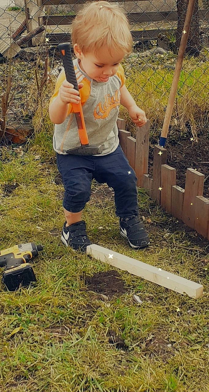 Sylvano participe au concours pour gagner de l'argent avec cette photo : baby_toddler_clothing, boot, child, fence, fun, gardening, grass, landscape, leaf, people_in_nature, person, plant, recreation, shorts, sneakers, soil, spring, t_shirt, toddler, tree