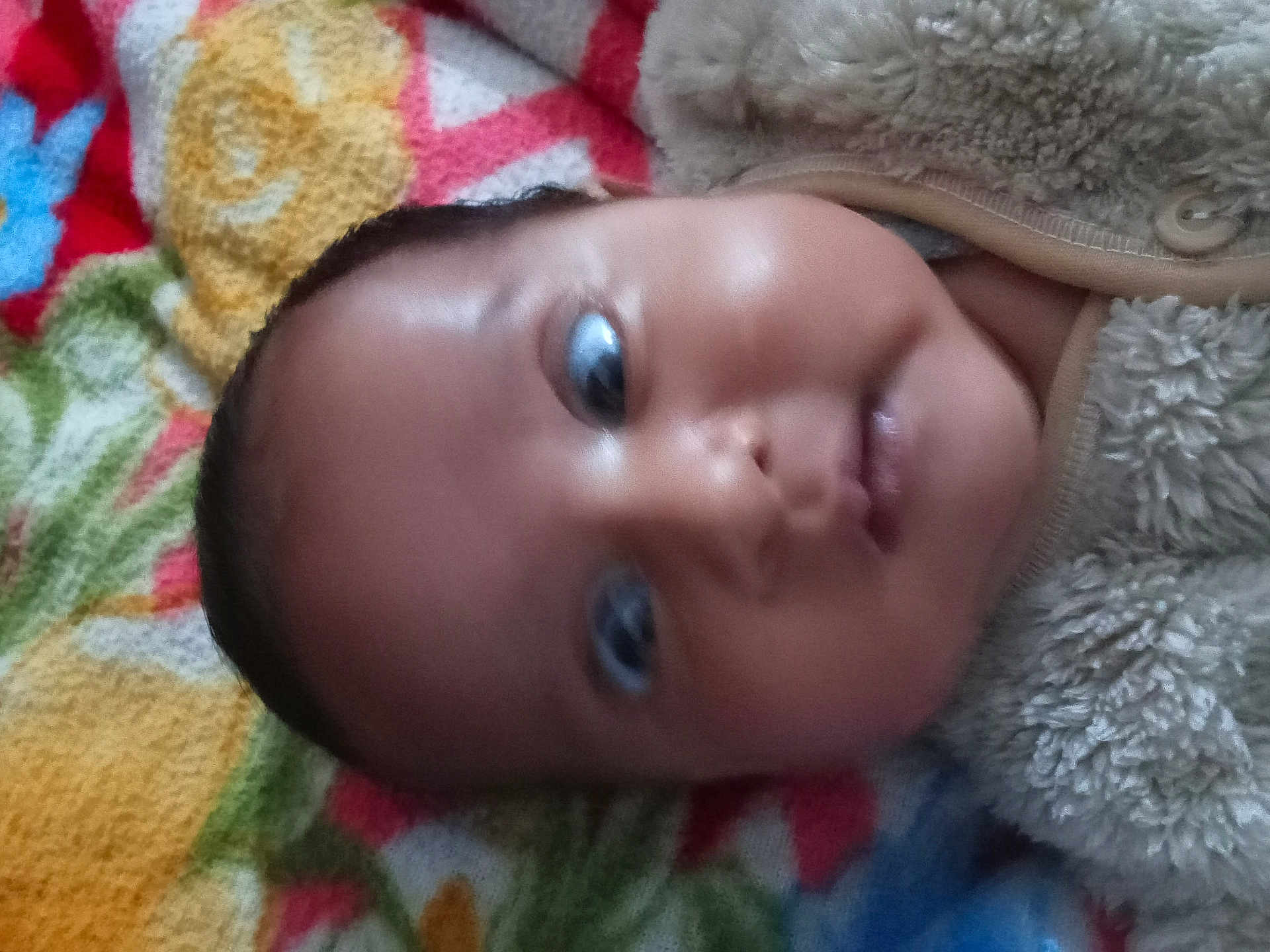 Taqdeer Kaur joined the competition — help win amazing prizes! baby, infant, face, portrait, closeup, fuzzy_clothing, blanket, colorful, pattern, child, newborn, skin, head, cute, lying_down, indoors, soft_texture, young, expression, warm