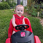 Marnie joined the competition — help win amazing prizes! baby, child, red_dress, toy_car, steering_wheel, grass, garden, plants, greenery, outdoor, smile, happy, cute, play, summer, yard, fence, nature, person, portrait