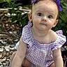 baby, child, flower, purple, headband, outdoor, nature, plants, pebbles, garden, curious, sitting, infant, summer, cute, portrait, clothing, sunlight, skin, expression