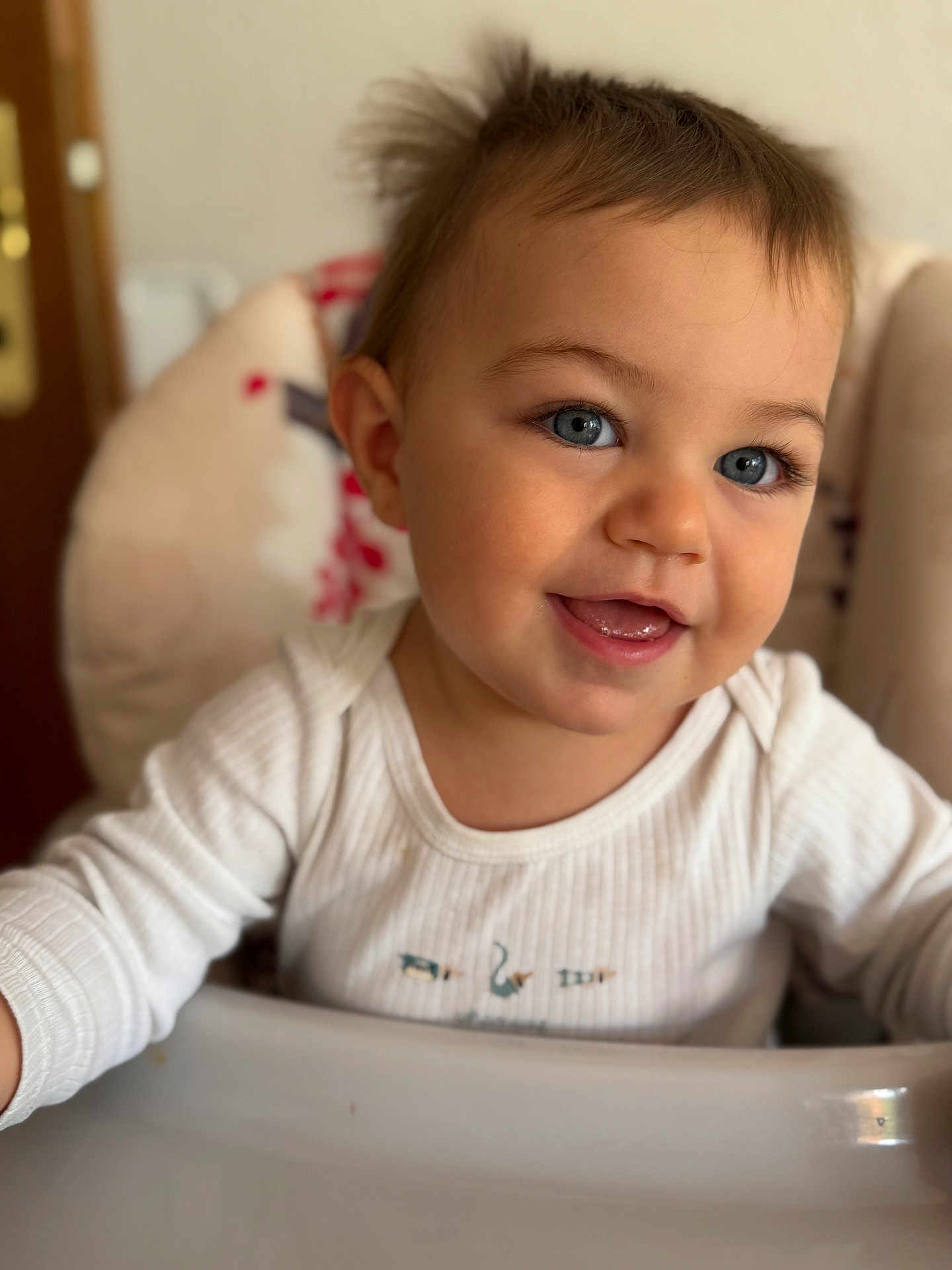 Léon a rejoint le concours — aidez-le/la à gagner de superbes lots ! baby, blue_eyes, cheerful, child, closeup, cute, expression, face, hair, happy, high_chair, indoor, infant, person, portrait, sitting, skin, smiling, toddler, white_clothing