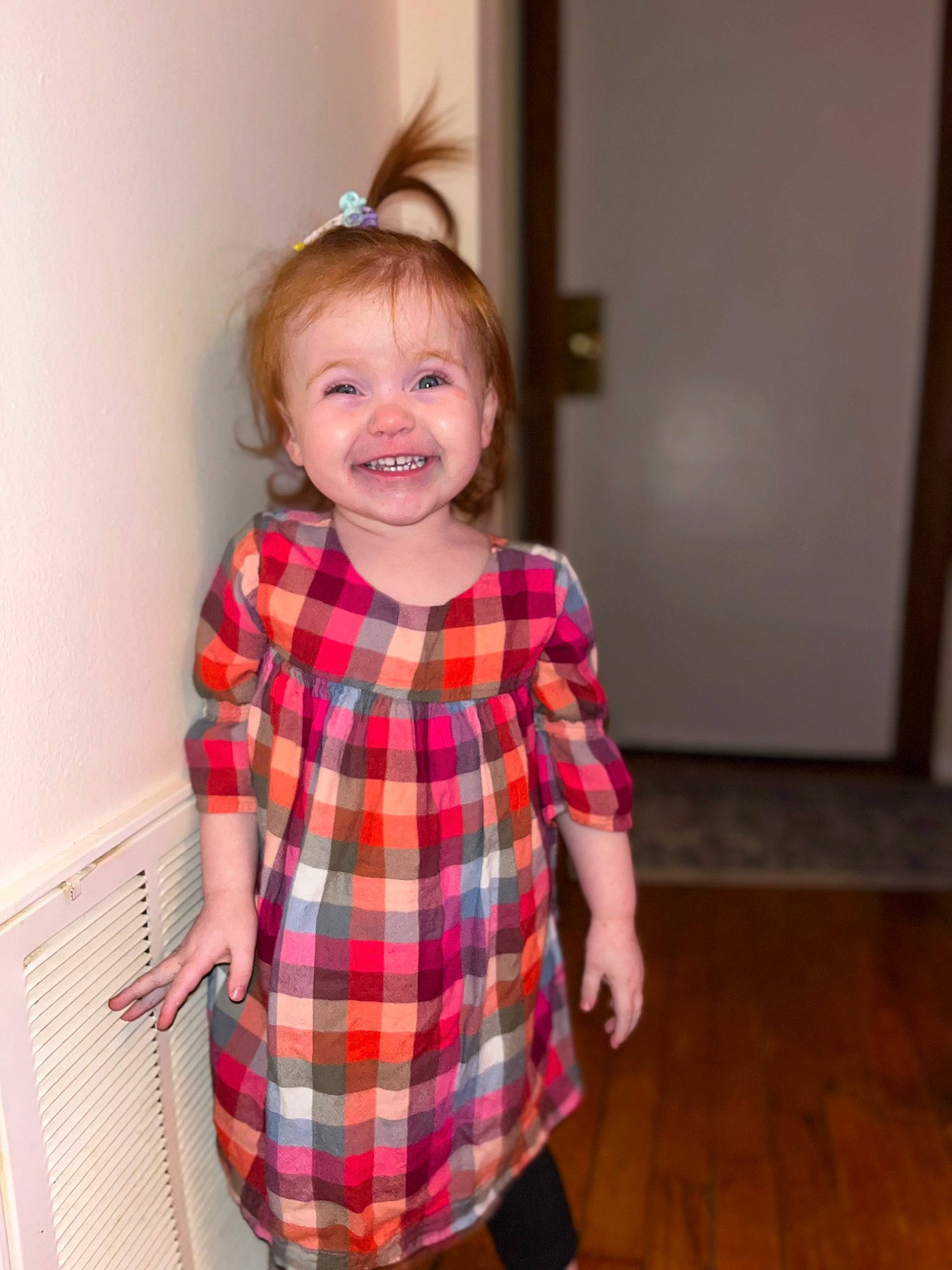 Presleigh joined the competition — help win amazing prizes! baby_toddler_clothing, blond, child, collar, dress, dress_shirt, event, flooring, happy, joy, magenta, one_piece_garment, pattern, person, plaid, sleeve, smile, t_shirt, tartan, toddler
