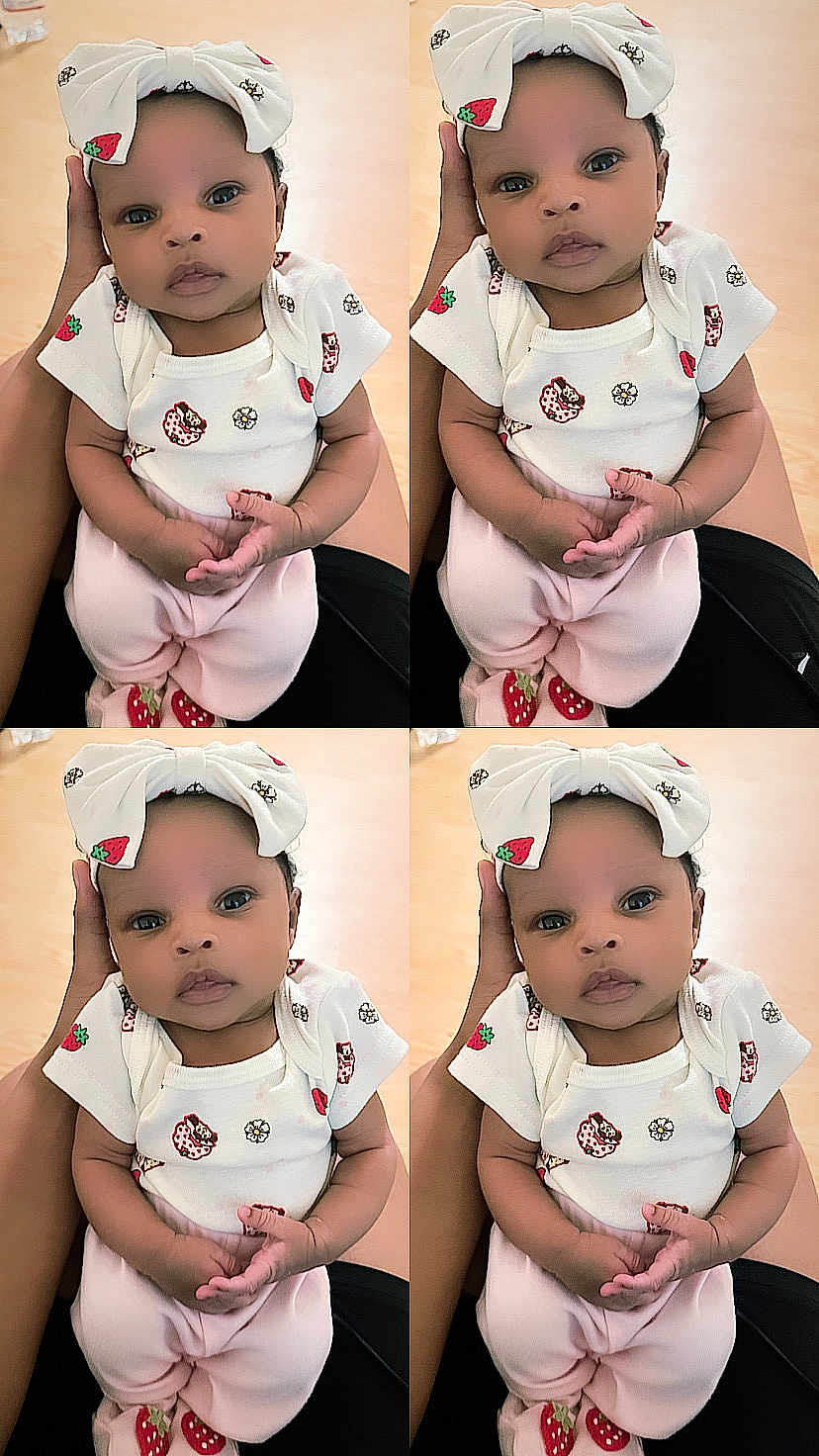 Dasiyah joined the competition — help win amazing prizes! baby, infant, child, cute, headband, strawberry, clothing, pink_pants, hands, face, portrait, person, indoor, skin, sitting, legs, holding, collage, expression, soft_light