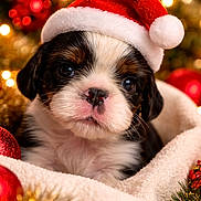 Bébé Rio Et Tokyo participe au concours pour gagner de l'argent avec cette photo : puppy, dog, santa_hat, christmas, holiday, blanket, cute, festive, ornaments, lights, cozy, soft, fur, pet, closeup, celebration, winter, red, white, decor
