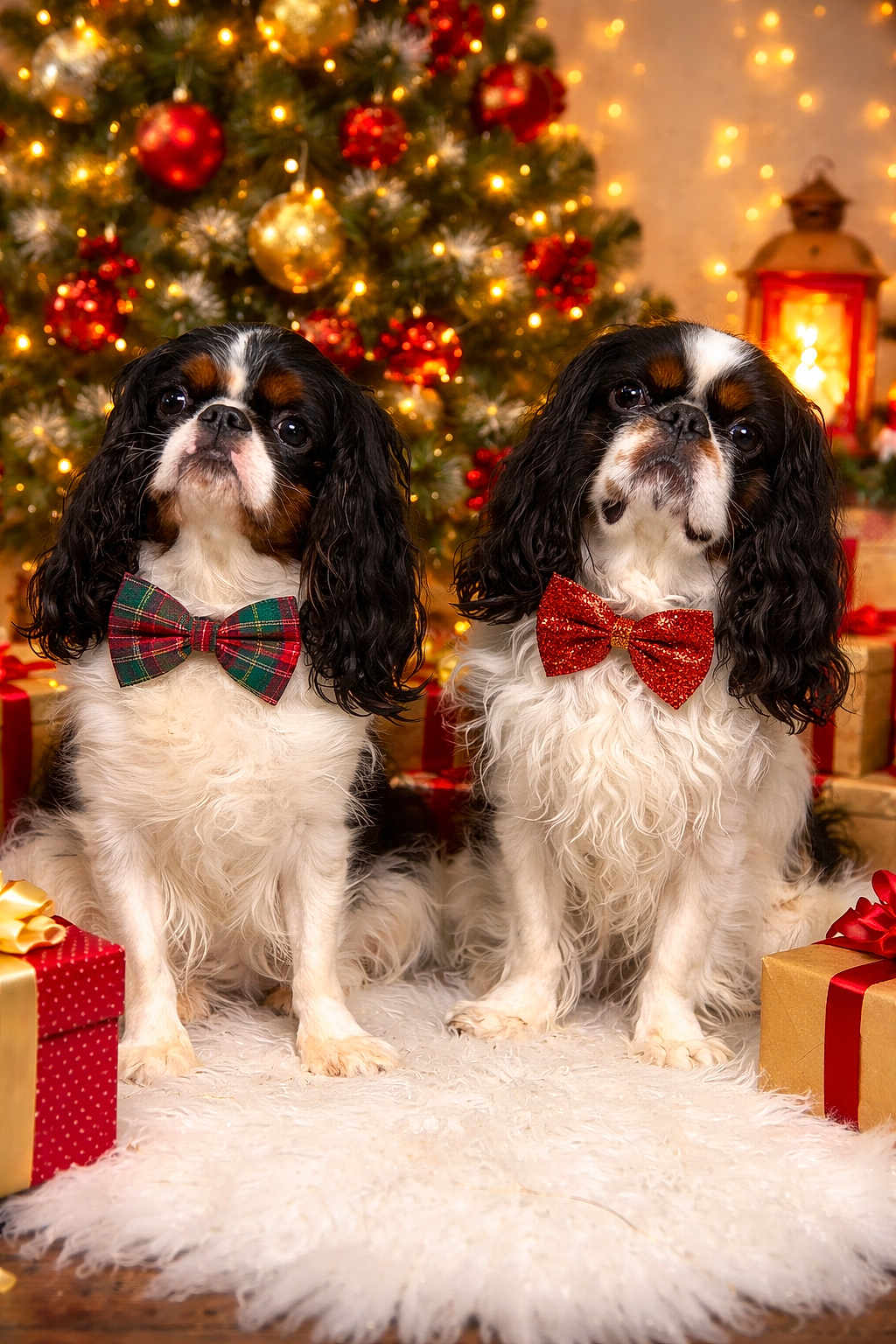 Rio Et Tokyo participe au concours pour gagner de l'argent avec cette photo : dog, cavalier_king_charles_spaniel, bow_tie, christmas_tree, christmas_decorations, presents, holiday, festive, indoor, pet, cute, fluffy, fur, animal, celebration, lights, red, green, white, portrait