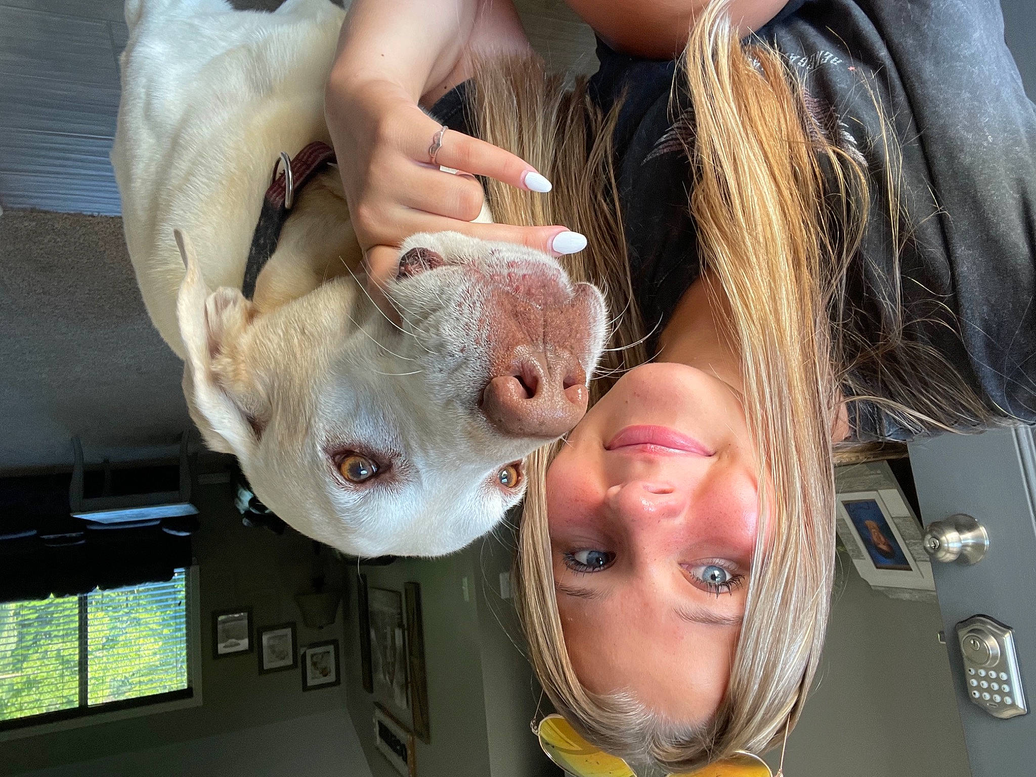 Dewey is registered to the contest to win money with this photo: child, ear, eyelash, eyewear, fawn, fun, fur, gesture, glasses, hand, happy, human_body, jaw, mouth, nose, skin, snout, sunglasses, toddler, toy