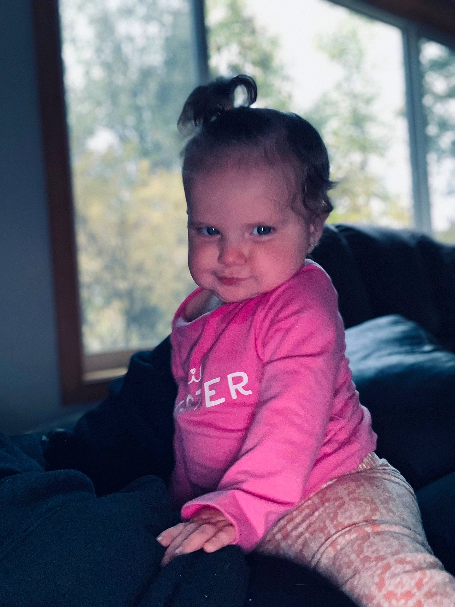 Bailey is registered to the contest to win money with this photo: baby_toddler_clothing, cheek, child, comfort, electric_blue, flash_photography, fun, happy, iris, lap, lip, magenta, person, personal_protective_equipment, pink, purple, sitting, sleeve, smile, standing
