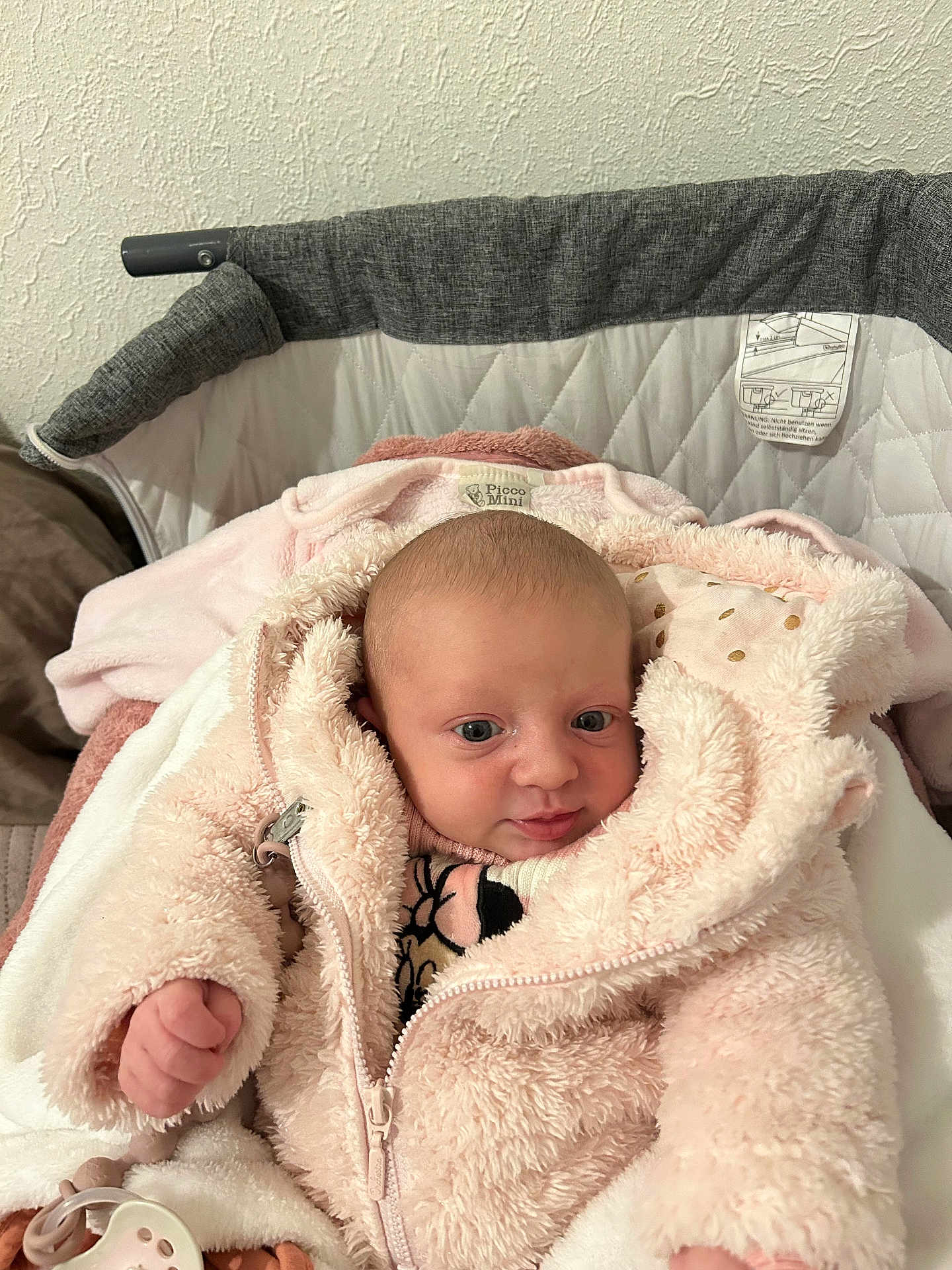Yelena participe au concours pour gagner de l'argent avec cette photo : baby, infant, pink_jacket, fluffy_clothing, bassinet, blanket, pacifier, indoor, cute, face, newborn, child, person, warm, soft_texture, sleepwear, head, eyes, hand, cozy