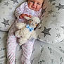 Bethany joined the competition — help win amazing prizes! baby, infant, plush_toy, sheep, onesie, pillow, star_pattern, blue_bowtie, cute, smiling, lying_down, bed, blanket, soft_toy, child, home, comfort, sleepwear, face, hair