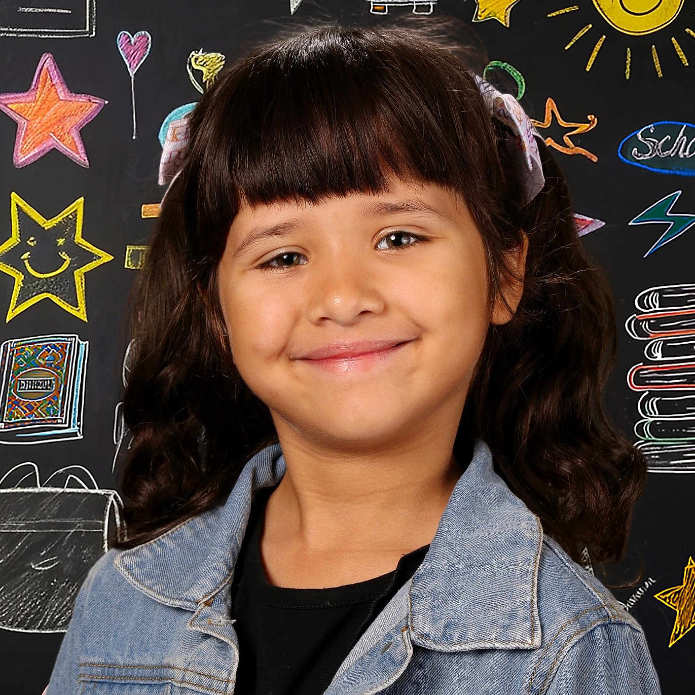 Sylvia joined the competition — help win amazing prizes! background, blackboard, books, casual_clothing, chalk_drawings, child, colorful, cute, denim_jacket, education, face, girl, hair_bows, happy, pigtails, portrait, school, smiley_face, smiling, stars