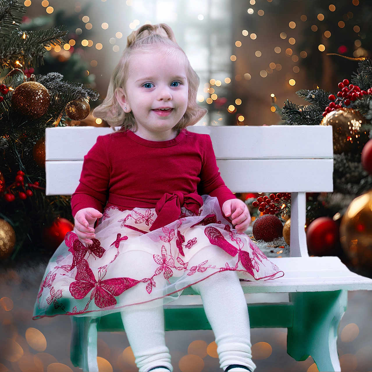 Maddilynn joined the competition — help win amazing prizes! accessories, baby, christmas, christmasdecorations, christmastree, couch, face, festival, fir, furniture, happy, head, ornament, person, photography, plant, portrait, sitting, smile, tree
