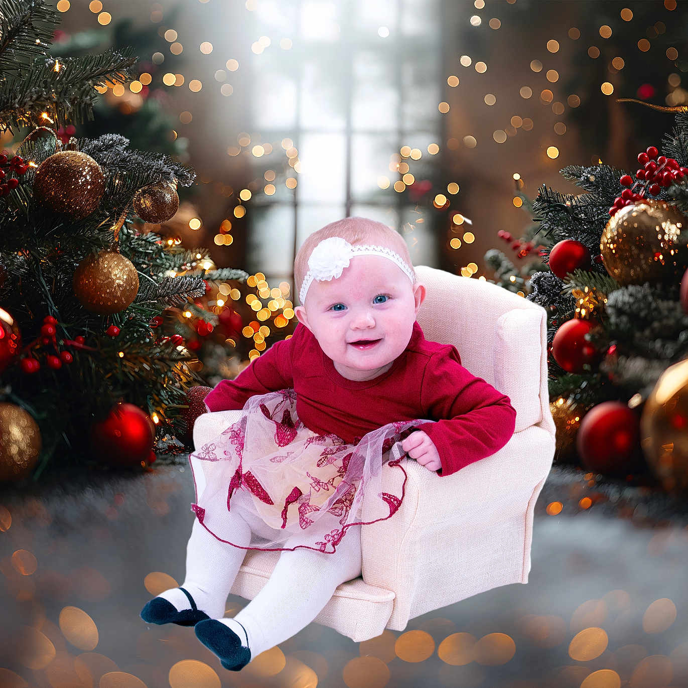 Melody is registered to the contest to win money with this photo: accessories, baby, babylaughing, chair, christmas, christmasdecorations, christmastree, face, festival, fir, happy, head, lighting, person, photography, plant, portrait, sitting, smile, tree