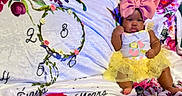 Ava-Rose joined the competition — help win amazing prizes! baby, child, pink_bow, yellow_tutu, floral_blanket, numbers, leafy_wreath, sitting, cute, indoor, portrait, clothing, infant, soft_texture, decorative, colorful, adorable, face, expression, young