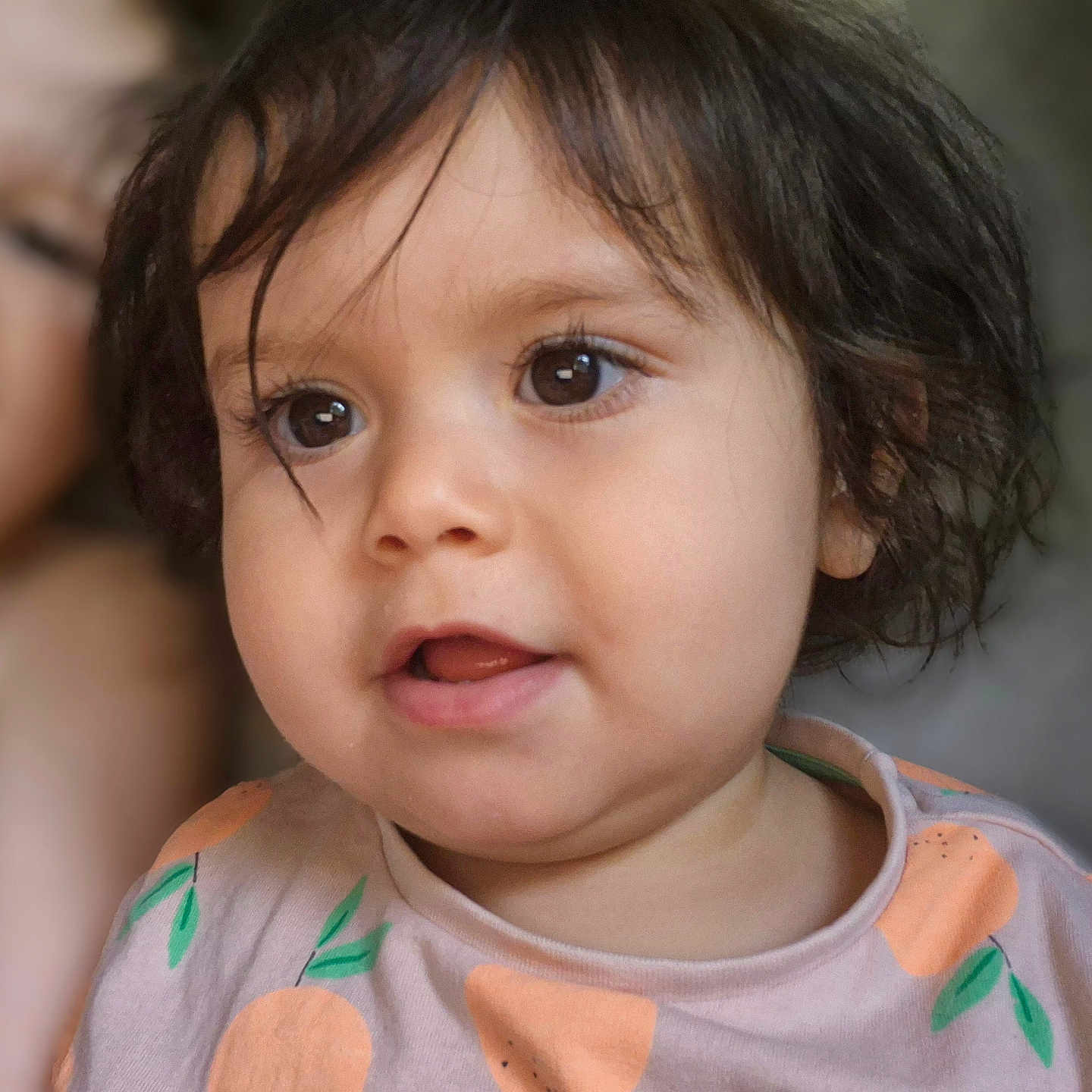 Loraja joined the competition — help win amazing prizes! baby, blurry_background, brown_eyes, child, close_up, curly_hair, cute, expression, face, head_and_shoulders, indoor, patterned_clothing, person, playful, portrait, shirt, sibling, smiling, toddler, young_child