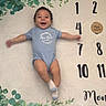 baby, child, smiling, blue_onesie, blanket, numbers, months, wooden_marker, green_leaves, happy, lying_down, infant, cute, celebration, portrait, soft_texture, indoor, feet, arms, face