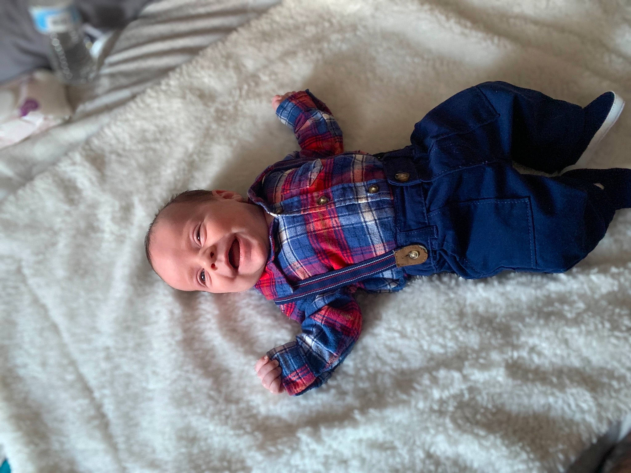 Landon joined the competition — help win amazing prizes! baby, baby_products, baby_toddler_clothing, bed, bedding, bedtime, child, comfort, couch, eye, face, linens, nap, pattern, person, plaid, sleeve, tartan, textile, toddler