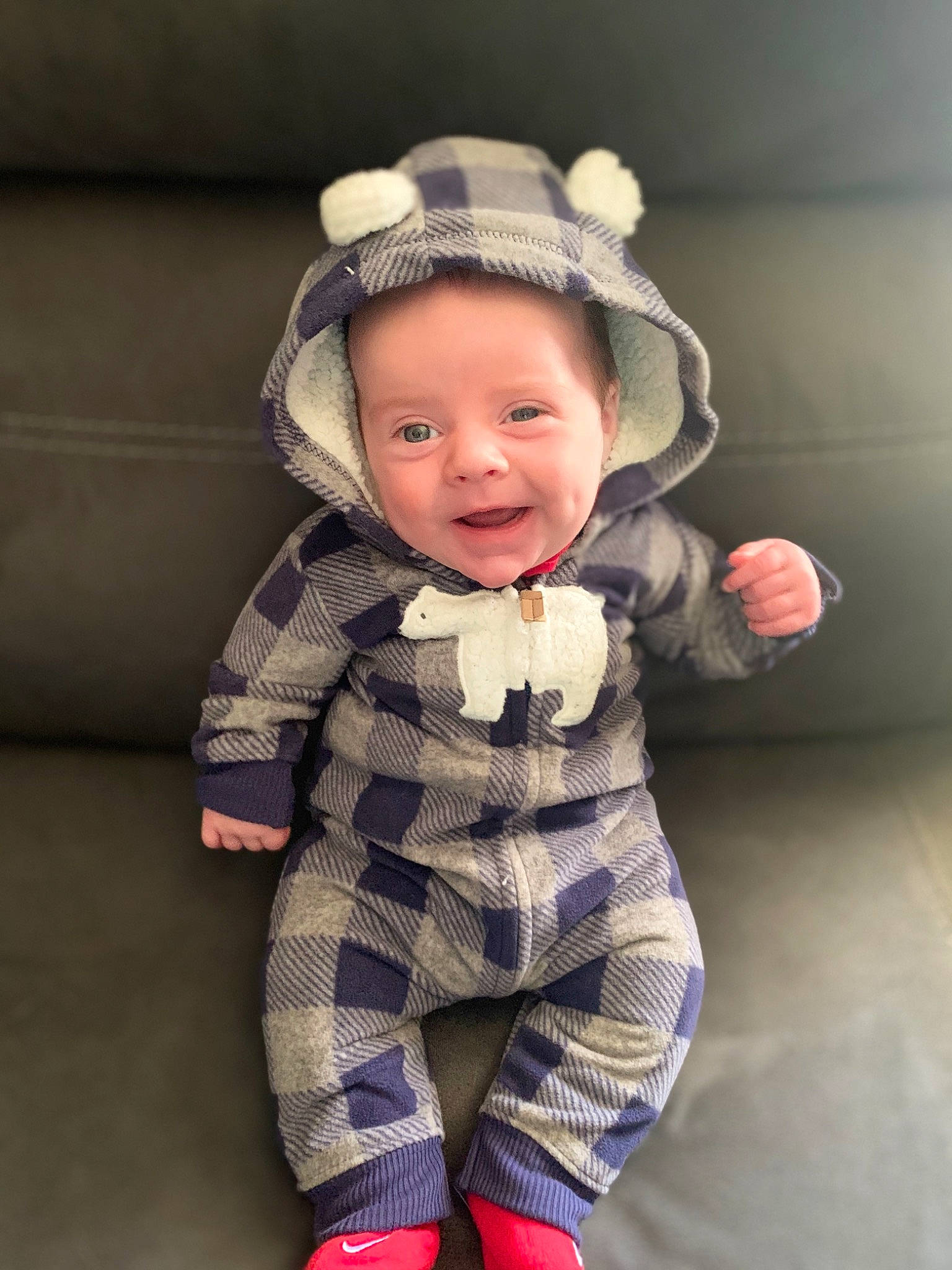 Landon is registered to the contest to win money with this photo: baby, baby_toddler_clothing, cap, cheek, chin, costume_hat, eye, face, flash_photography, fun, happy, head, headgear, lip, outerwear, pattern, person, personal_protective_equipment, sleeve, smile