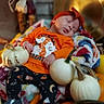 Elowyn joined the competition — help win amazing prizes! baby, sleeping, orange_clothing, head_wrap, pumpkins, white_pumpkins, blanket, autumn_decor, fall_season, brick_wall, decorative_corn, shoes, plaid_blanket, cozy, indoor, child, holiday, festive, seasonal, cute
