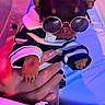 dog, chihuahua, small_dog, sunglasses, clothing, striped_outfit, costume, being_held, portrait, neon_lighting, pink_lighting, blue_lighting, indoor, table, breadstick, fashionable, cute, pet, closeup, vertical_photo