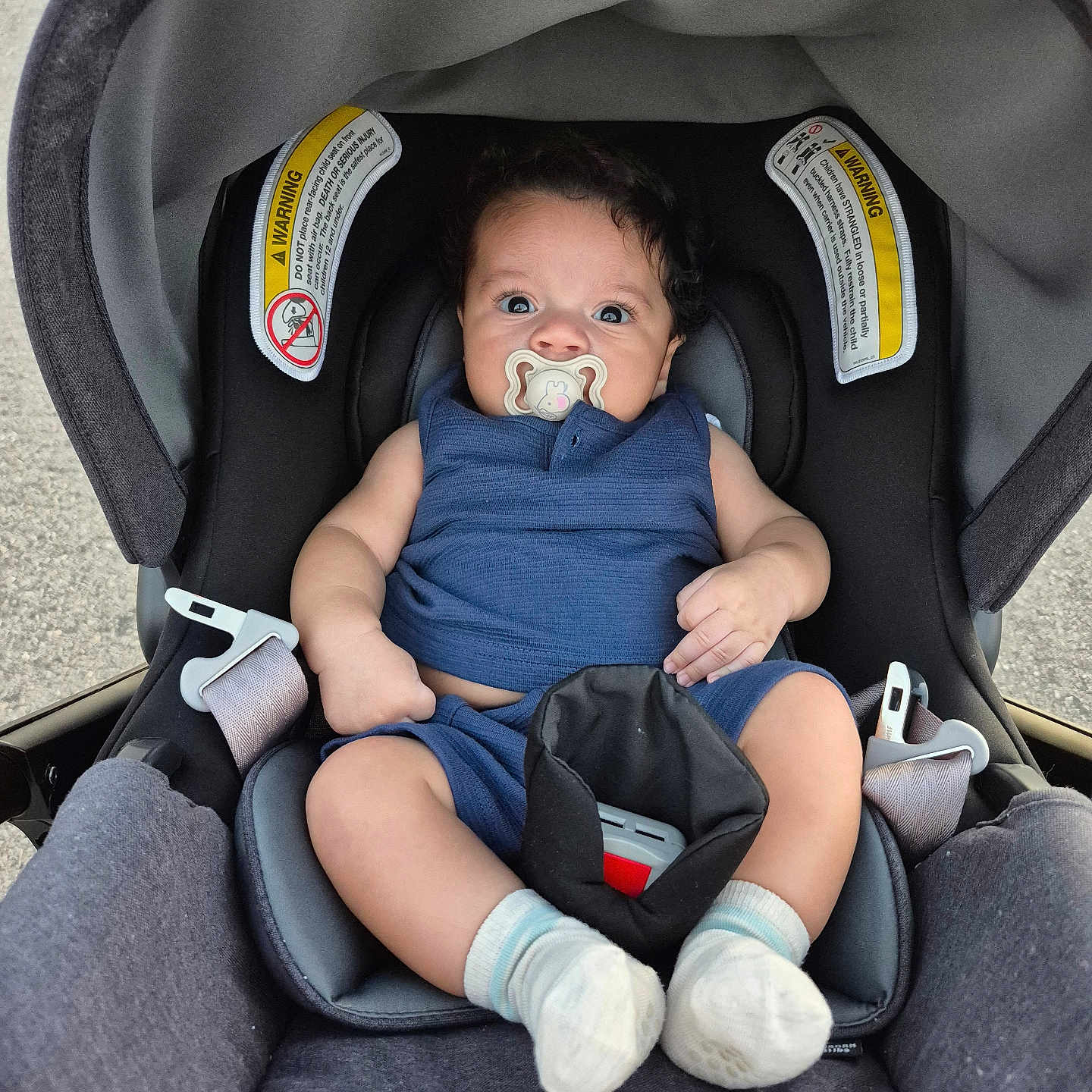 Miller James is registered to the contest to win money with this photo: baby, blue_outfit, car, car_seat, chicco, child, closeup, comfortable, curly_hair, cute, indoors, infant, pacifier, person, portrait, seatbelt, sitting, socks, wide_eyes, young_child