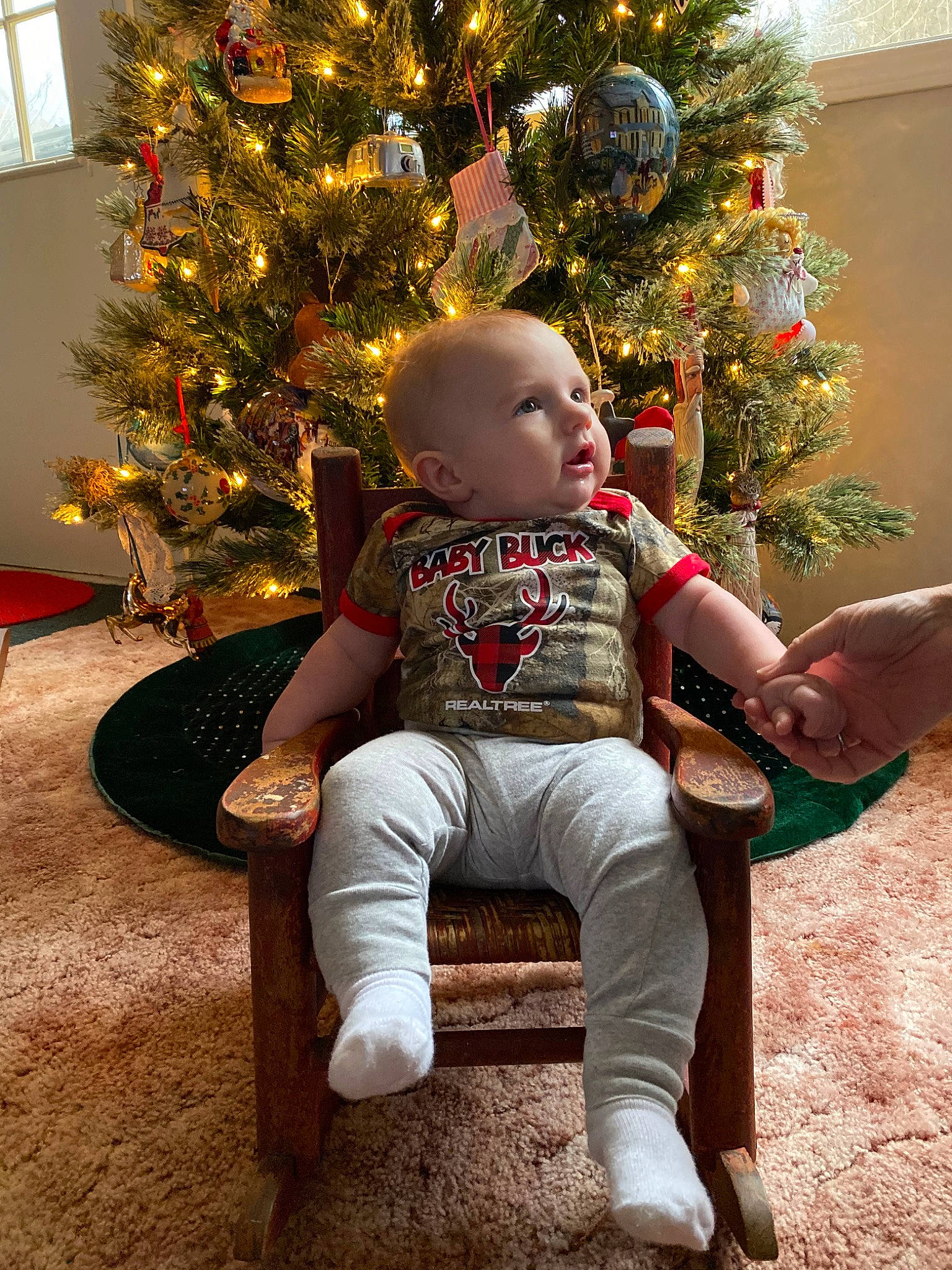 Boone joined the competition — help win amazing prizes! child, christmas, christmas_decoration, christmas_eve, christmas_lights, christmas_ornament, christmas_tree, event, fir, holiday, holiday_ornament, interior_design, lap, person, pine_family, plant, sitting, toddler, tree