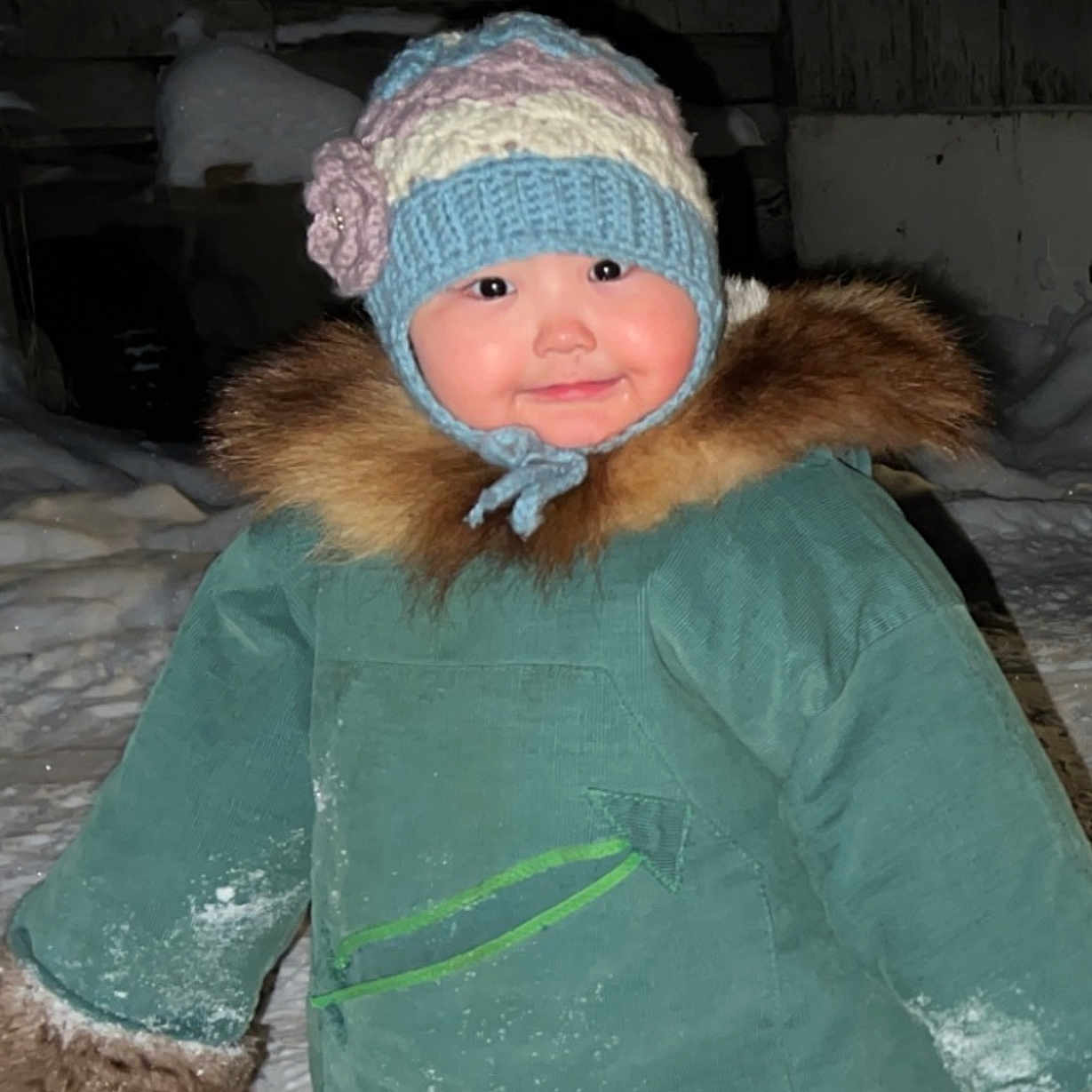 Corine joined the competition — help win amazing prizes! baby, beanie, bonnet, cap, clothing, coat, face, glove, hat, head, hood, jacket, knitwear, nature, outdoors, person, photography, portrait, snow, sweater