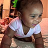 Tru joined the competition — help win amazing prizes! baby, child, crawling, smiling, green_bow, indoors, bed, blanket, happy, cute, infant, person, portrait, young_child, pink_clothing, earrings, home, closeup, skin, hair