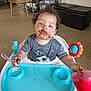 Adrian joined the competition — help win amazing prizes! toddler, child, high_chair, messy, chocolate, food, spoon, red_cup, face, hands, living_room, television, table, couch, floor, curly_hair, clothing, plastic, toy, expression