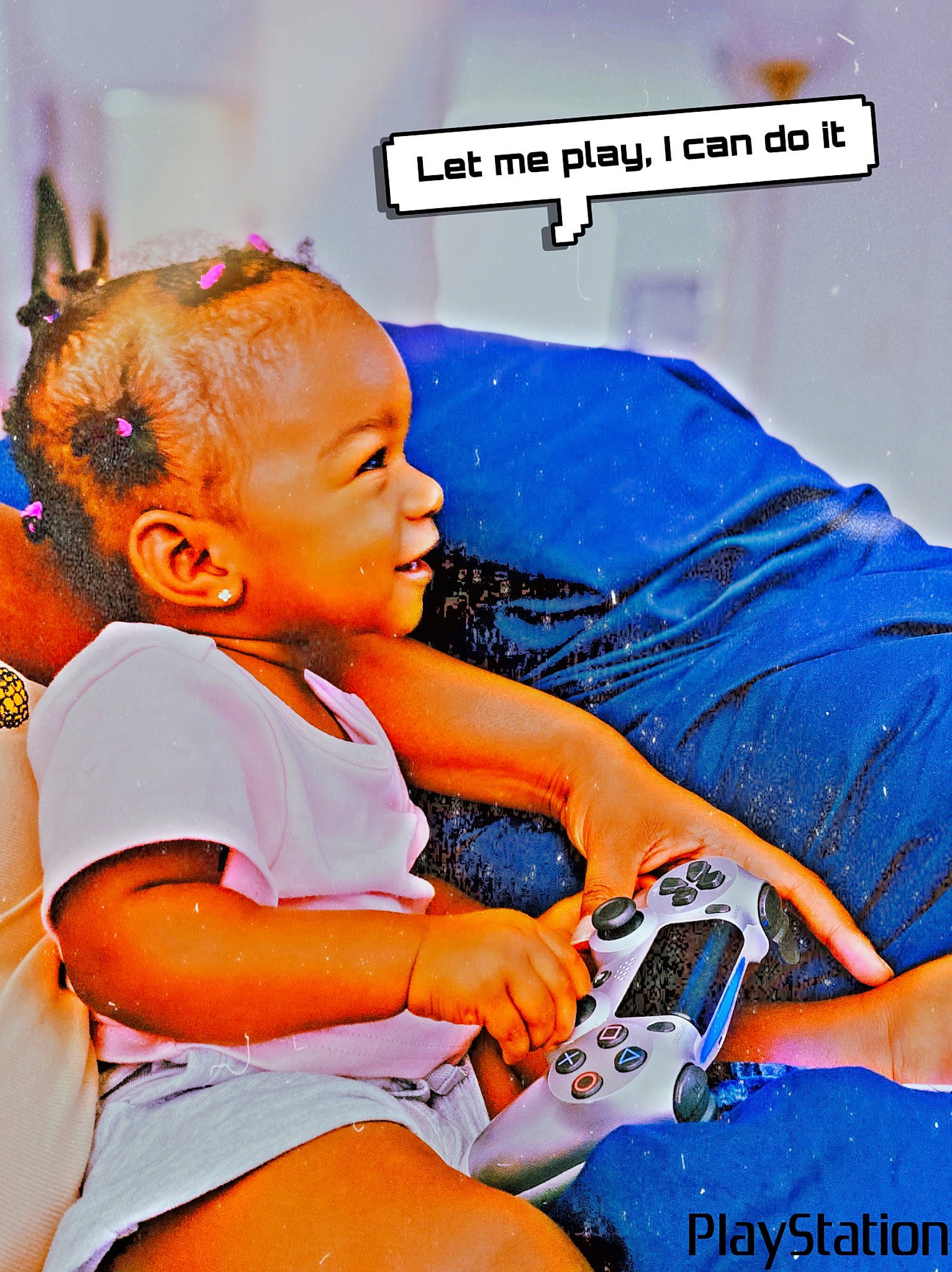 Jazlynn joined the competition — help win amazing prizes! advertising, baby, baby_toddler_clothing, chair, child, electric_blue, font, happy, orange, person, photo_caption, sitting, smile, sports_equipment, sports_gear, t_shirt, toddler, vehicle_door