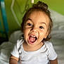 baby, background, bed, child, cute, expression, eyes, face, hair, happy, human, indoor, mouth_open, person, portrait, skin, smiling, toddler, white_shirt, young_child