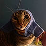 cat, tabby, knitted_hood, blue_hood, indoor, curious, closeup, pet, whiskers, big_eyes, feline, cozy, floor, background, animal, cute, portrait, domestic_animal, sitting, curiosity