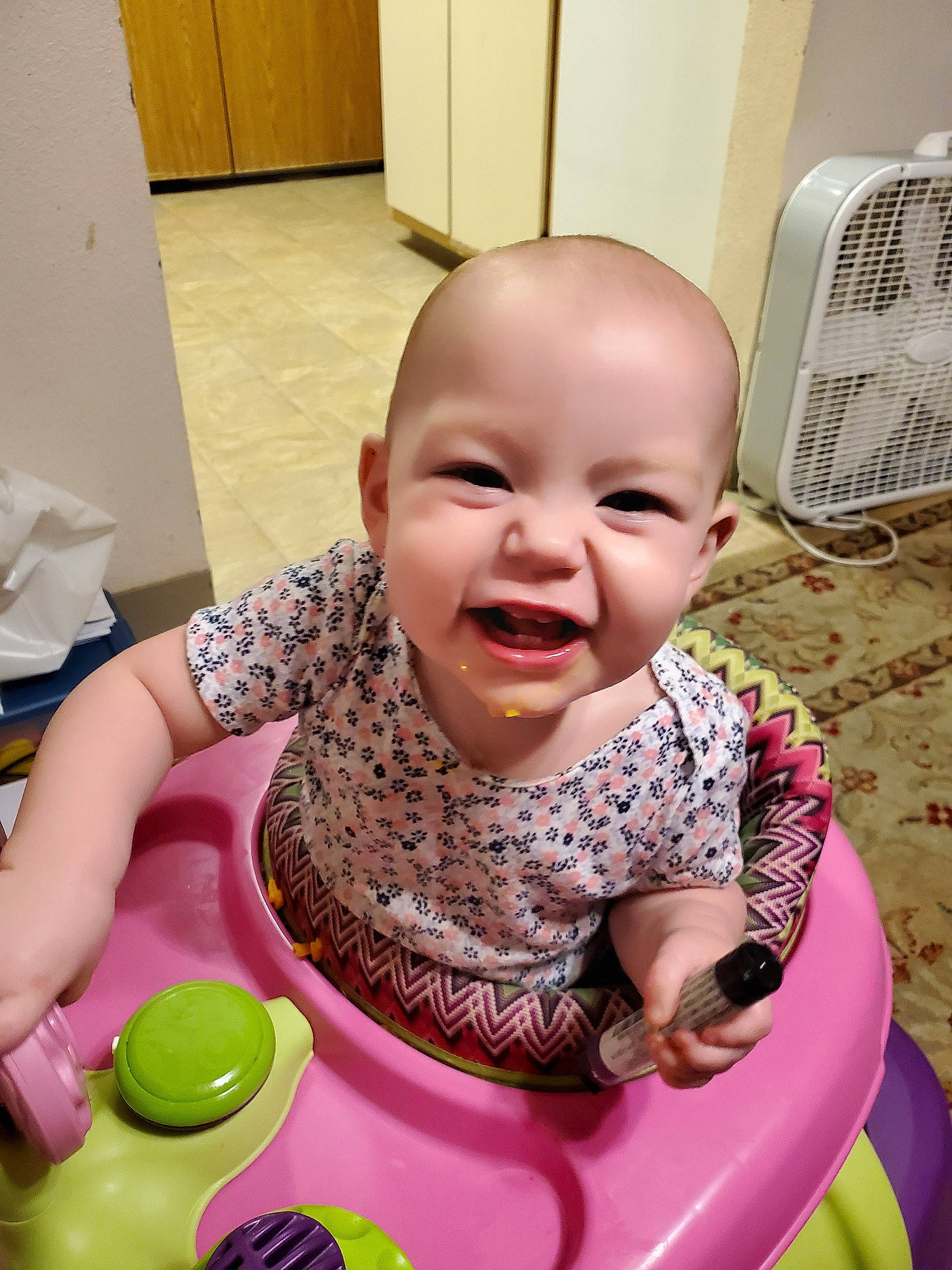 December is registered to the contest to win money with this photo: baby, baby_products, baby_toddler_clothing, child, person, pink, play, product, sitting, skin, smile, toddler