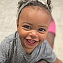 toddler, child, smiling, happy, face, headband, bow, curly_hair, gray_shirt, portrait, closeup, indoor, cute, person, young_child, skin, eyes, teeth, baby, joy
