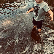 Logan joined the competition — help win amazing prizes! blond_hair, boy, casual_clothing, child, daylight, exploring, happy, legs_in_water, nature, outdoor, playful, reflection, ripples, shallow_water, shorts, smiling, standing, summer, tshirt, water