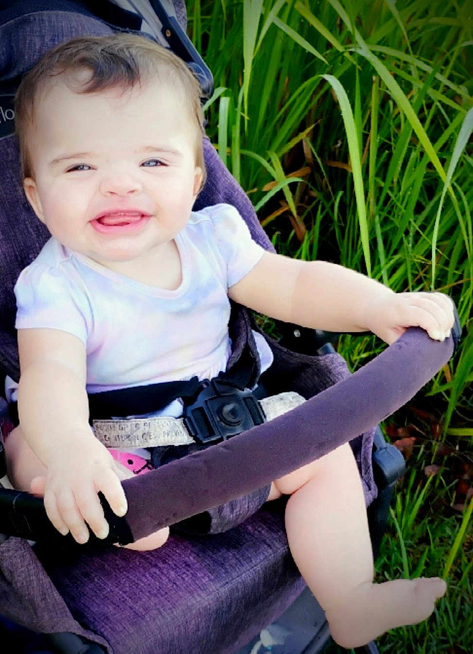 Adelina-Jo is registered to the contest to win money with this photo: baby, stroller, purple, smiling, grass, outdoor, child, happy, sitting, clothing, hand, foot, seatbelt, nature, green, person, infant, daylight, cute, portrait