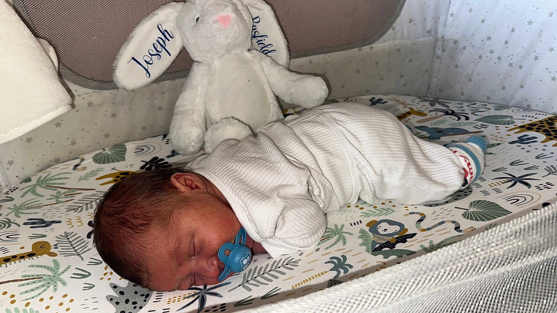 Joseph joined the competition — help win amazing prizes! newborn, baby, sleeping, pacifier, white_clothing, crib, plush_toy, bunny, nursery, animal_print, mattress, infant, cozy, cute, peaceful, child, toddler, soft_toy, indoor, portrait
