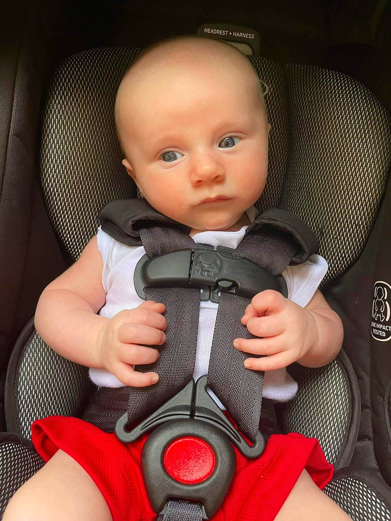 Joe joined the competition — help win amazing prizes! arm, baby, baby_carriage, baby_toddler_clothing, car_seat, chair, cheek, comfort, doll, human_leg, knee, lap, nail, person, seat_belt, sitting, skin, sock, thigh, toddler