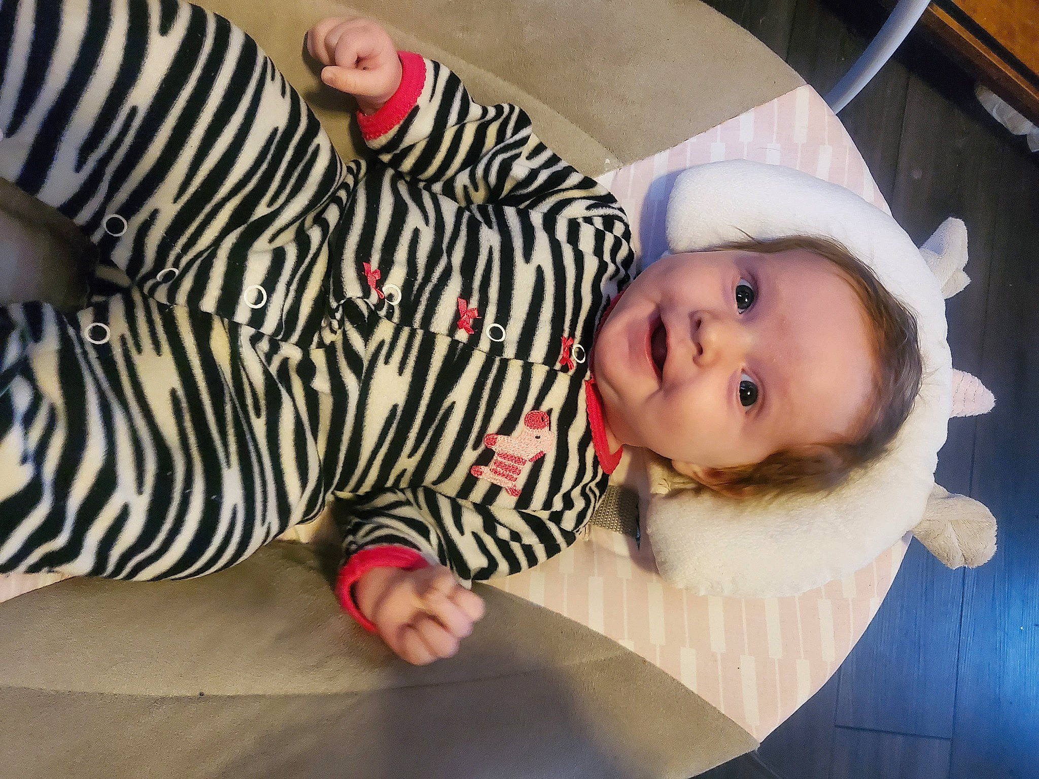 Elliana is registered to the contest to win money with this photo: baby, baby_toddler_clothing, carmine, cheek, child, comfort, flooring, foot, fun, fur, knee, mouth, pattern, person, room, sitting, skin, sleeve, smile, thigh
