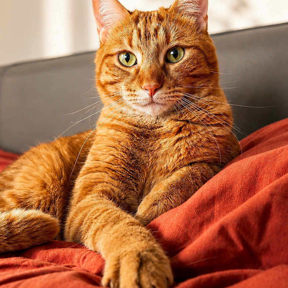 Guzo participe au concours pour gagner de l'argent avec cette photo : animal, blanket, cat, cozy, cute, domestic_cat, feline, fur, green_eyes, indoor, orange_tabby, paw, pet, portrait, red, relaxed, shadow, sofa, sunlight, whiskers